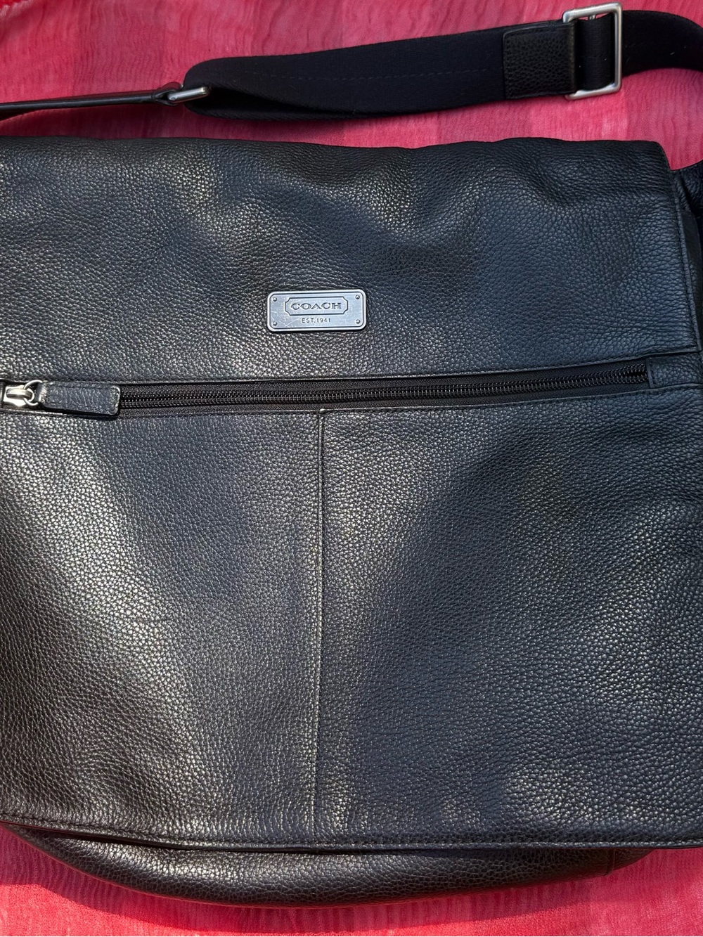 Coach Black Leather Messenger Bag 17”x14” 4” deep strap 22”Long